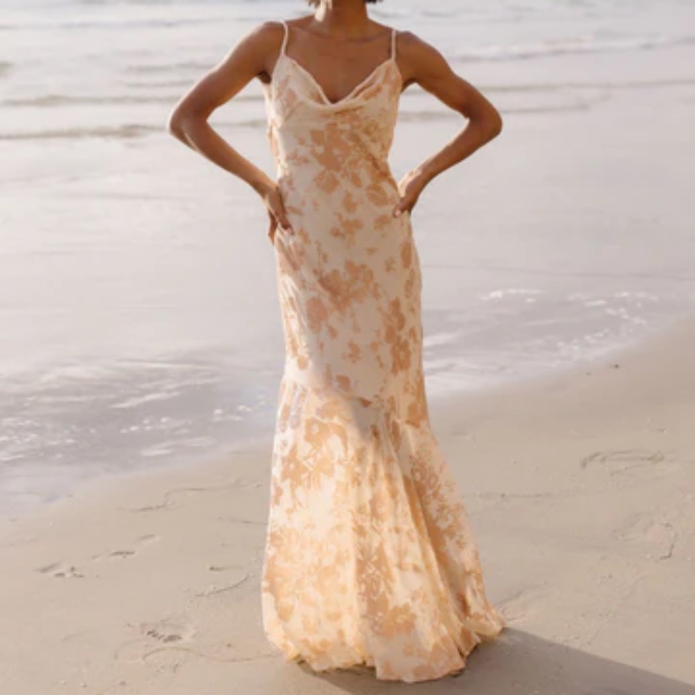 Rumored Cream and Peach Floral Maxi Slip Dress
